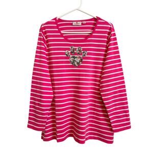 Quacker Factory Pink Striped Long Sleeve Top Sequin Paw Print Cotton XL